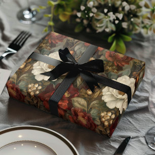 Elegante Kerstmis Rood en Winter Wit Bloemmotief Inpakpapier Vel