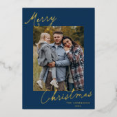 Elegante Kerstmis Script Navy Foto Folie Feestdagenkaart (Voorkant)