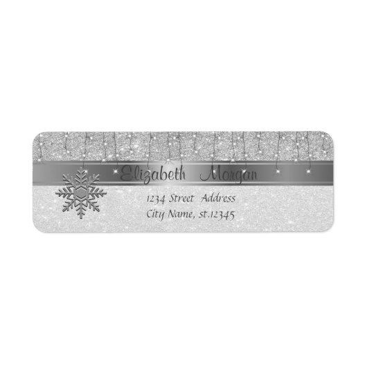 Elegante ,Kerstmis,Sneeuwvlok Zilver Glitter Etiket (Voorkant)