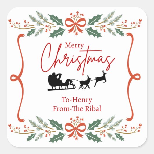 Elegante Kerstmis Sticker met Kerstman Slede  (Voorkant)