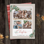 Elegante Kerstmis Typografie 3 Afbeeldingen Feestdagenkaart<br><div class="desc">Deze kerstkaart heeft een elegante scripttypografie en ruimte voor 3 foto's. Het ontwerp is geaccentueerd met vakantiegroen en bessen op een linnen rand.</div>