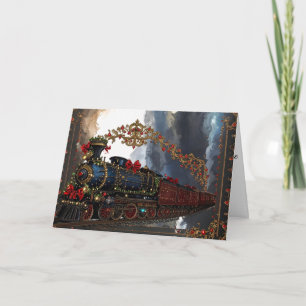 Elegante Kerstmis Victoriaanse Steampunk Stoomtrei Feestdagen Kaart