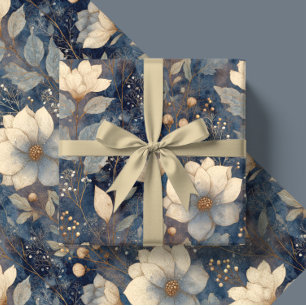Elegante Kerstmis Winter Crème en Marine Bloemen Cadeaupapier