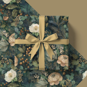 Elegante Kerstmis Winter Groen en Crème Bloemen Cadeaupapier