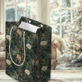 Elegante Kerstmis Winter Groen en Crème Bloemmotie Medium Cadeauzakje