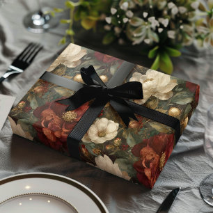 Elegante Kerstmis Winter Rood en Crème Bloemmotief Inpakpapier Vel