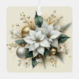 Elegante Kerstmis Witte Poinsettia met Goud  Metalen Ornament