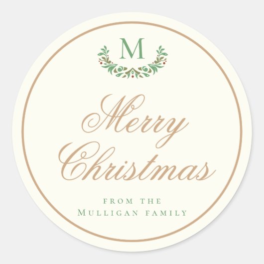 Elegante kerstmonogram geschenkverpakking ronde sticker (Voorkant)