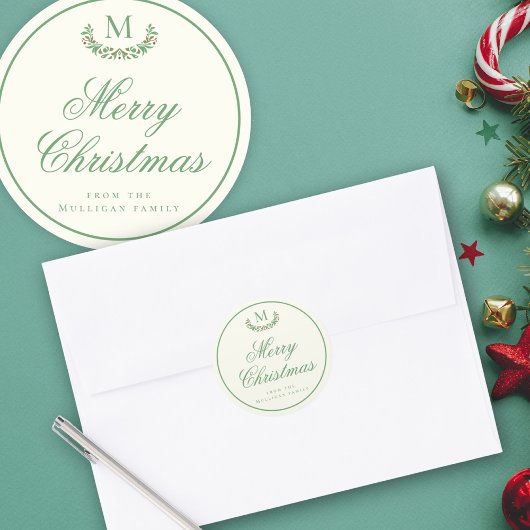 Elegante kerstmonogram geschenkverpakking ronde sticker