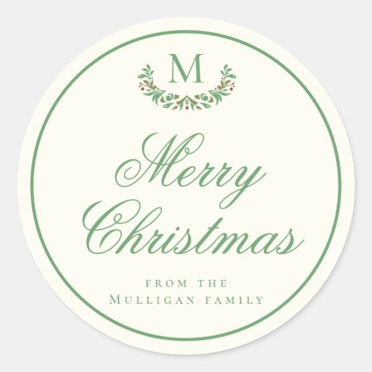 Elegante kerstmonogram geschenkverpakking ronde sticker (Voorkant)