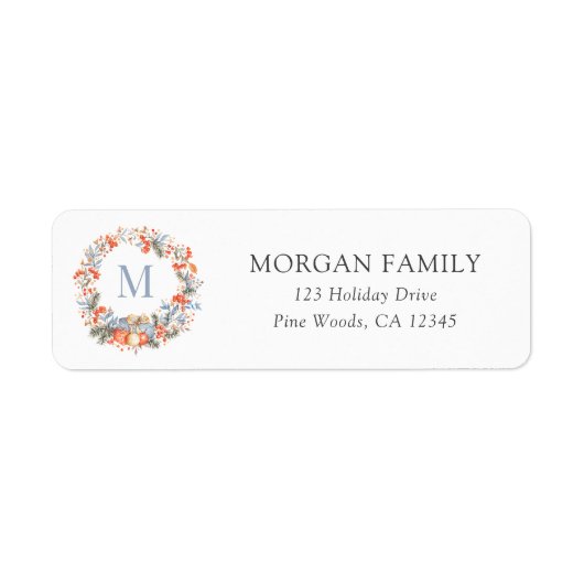 Elegante Kerstmonogram Krans Retouradres Etiket (Voorkant)