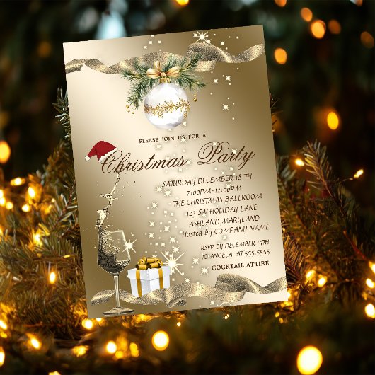 Elegante, kerstmuts, glas, bal Bedrijfs Kerstmis Kaart