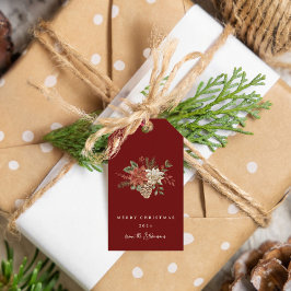 Elegante kerstpunsettia donkerrood cadeaulabel