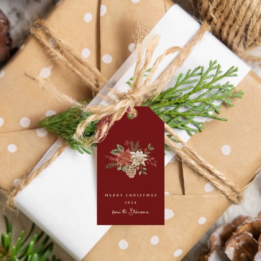 Elegante kerstpunsettia donkerrood cadeaulabel