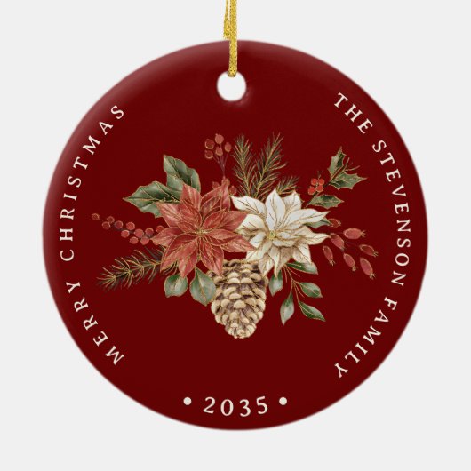 Elegante kerstpunsettia donkerrood keramisch ornament (Achterkant)