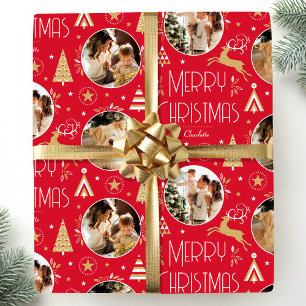 Elegante Kerstrendier Fotocollage Rood Goud Cadeaupapier