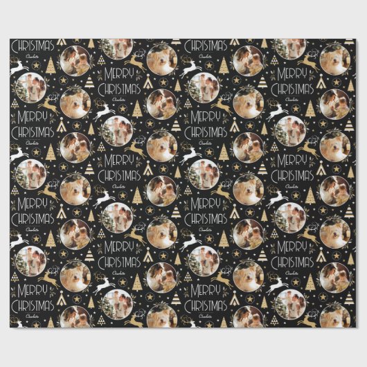 Elegante Kerstrendier Fotocollage Zwart Cadeaupapier (Vlak)