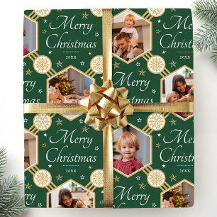 Elegante Kerstsneeuwvlok Fotocollage Groen Cadeaupapier
