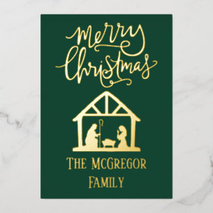 Elegante kerststal familienaam groen folie feestdagenkaart