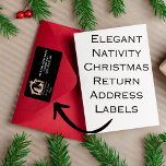 Elegante kerststal retour adres etiket<br><div class="desc">Zwart-wit elegante kerst retour adreslabels voor al uw vakantiekaarten. Babe in een kribbe,  kerststal,  ster van Bethlehem. Script kalligrafie typografie handgeschreven vakantie. #Christmas #nativity</div>