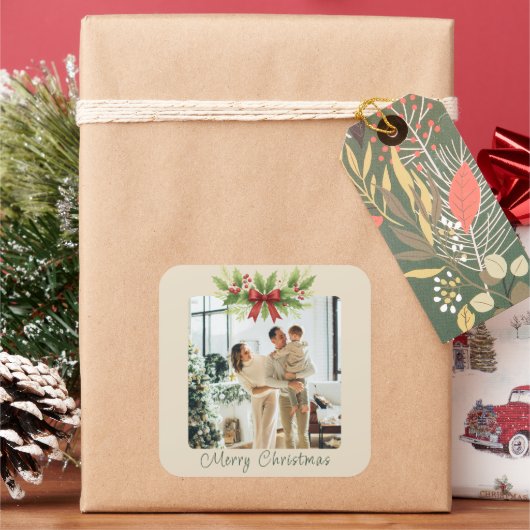 Elegante Kerstster met rode lint -  Vierkante Sticker (Feestdagen)