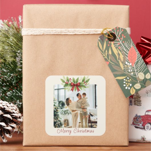 Elegante Kerstster met rode lint -  Vierkante Sticker (Feestdagen)