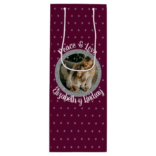 Elegante Kerststerren Foto & Naam Donkere Wijn Wijn Cadeautas (Voorkant)