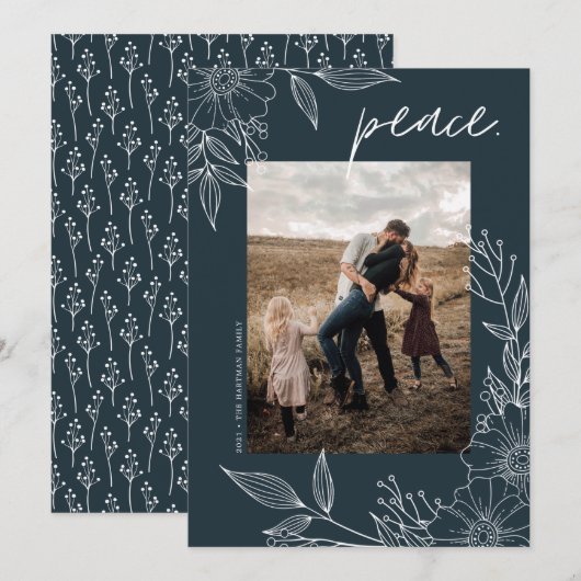 Elegante Kerststuk Vredige Bloemen Blauw Foto Feestdagenkaart (Voorkant / Achterkant)