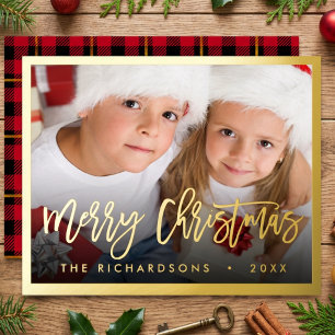 Elegante Kerstvakantie Foto Familie Script Goud Folie Feestdagenkaart
