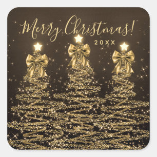 Elegante Kerstvakantie Gouden Kerstbomen met Strik Vierkante Sticker