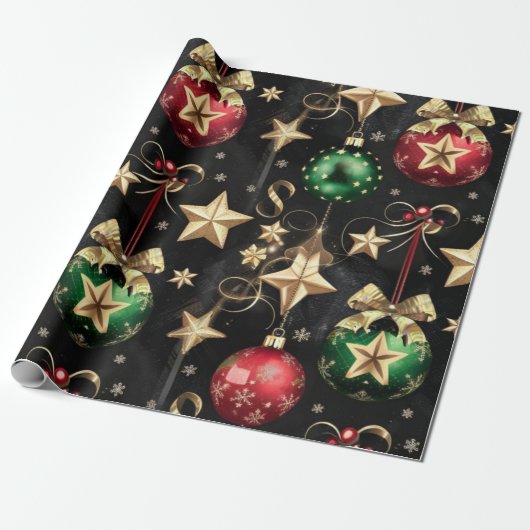 Elegante kerstversieringen en gouden sterren cadeaupapier (Uitgerold)