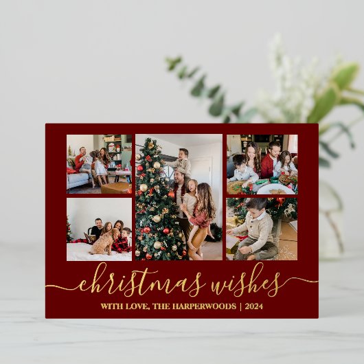 Elegante Kerstwensen Familie Fotocollage Folie Feestdagenkaart (Staand Voorkant)