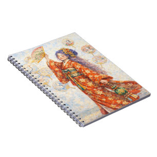 Elegante kimonovrouw met waaier notitieboek