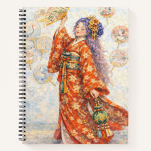 Elegante kimonovrouw met waaier notitieboek