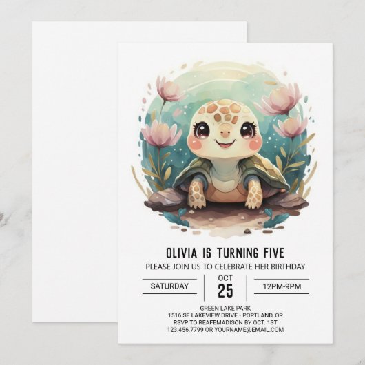 Elegante Kinder Turtle Meisje Verjaardag Kaart (Voorkant / Achterkant)