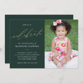 Elegante kinderverjaardag saliegroen foto kaart (Voorkant / Achterkant)