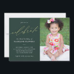 Elegante kinderverjaardag saliegroen foto kaart<br><div class="desc">Deze elegante verjaardagsuitnodiging bevat mooie gouden kalligrafie en een grote foto. Het woord "celebrate" is geschreven in een prachtig geelgouden schrift tegen een donkergroen saliegroene achtergrond. Gemakkelijk aan te passen met de details van je verjaardagsfeest en favoriete foto. De achterkant van de uitnodiging is blanco en kan extra informatie of...</div>