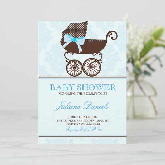 Elegante kinderwagen jongen babyshower uitnodiging (Staand voorkant)