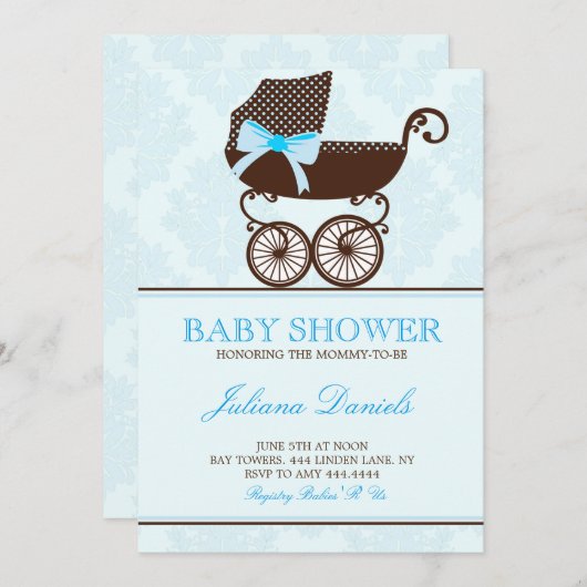 Elegante kinderwagen jongen babyshower uitnodiging (Voorkant / Achterkant)