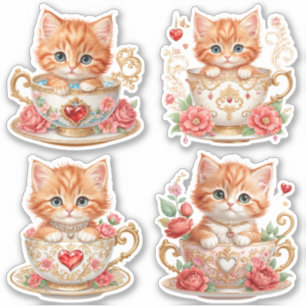 Elegante Kitten in Theekop Sticker - Bloem Ontwer