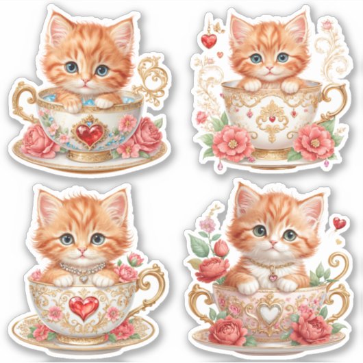 Elegante Kitten in Theekop Sticker -  Bloem Ontwer (Voorkant)