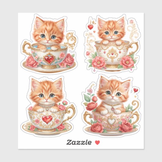 Elegante Kitten in Theekopje Stickers -  Bloem Ont (Vel)