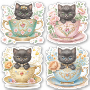 Elegante Kitten in Theekopje Stickers - Bloemontw