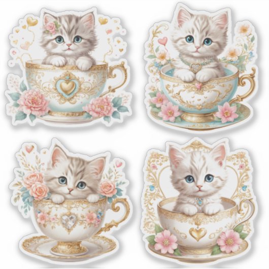 Elegante kitten in theekopje Stickers - Floral Des (Voorkant)