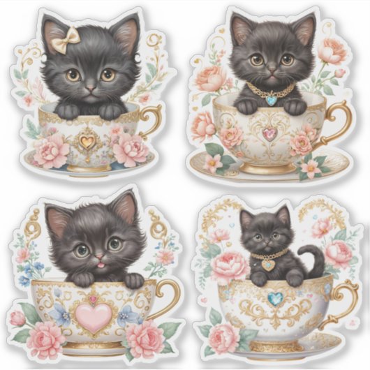 Elegante kitten in theekopje Stickers - Floral Des (Voorkant)