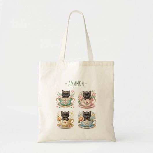 Elegante Kittens in Teacup - Canvas tas met naam (Voorkant)