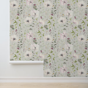 Elegante klaprozen bladeren bloempatroon satijnen  behang