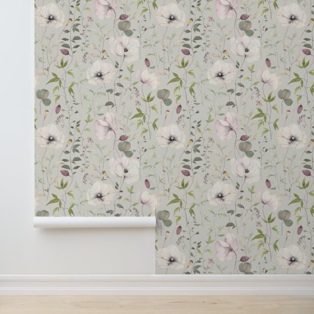 Elegante klaprozen bladeren bloempatroon satijnen  behang (Applicatie)