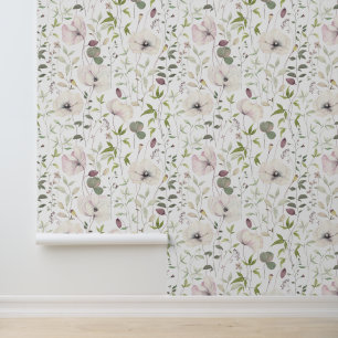 Elegante klaprozen en bladeren bloempatroon wit behang