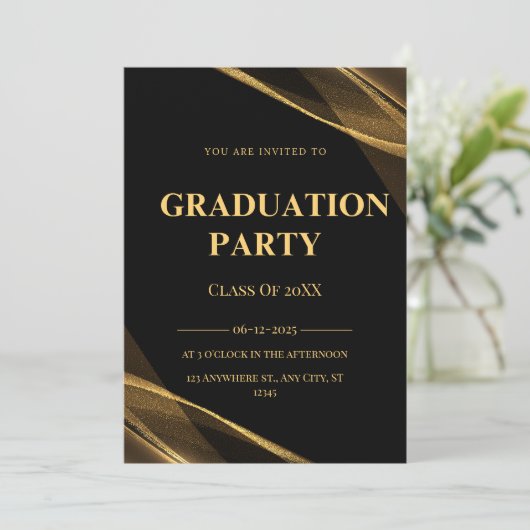 Elegante klas van 2025 Zwart Gouden Feest Uitnodig Kaart (Staand voorkant)